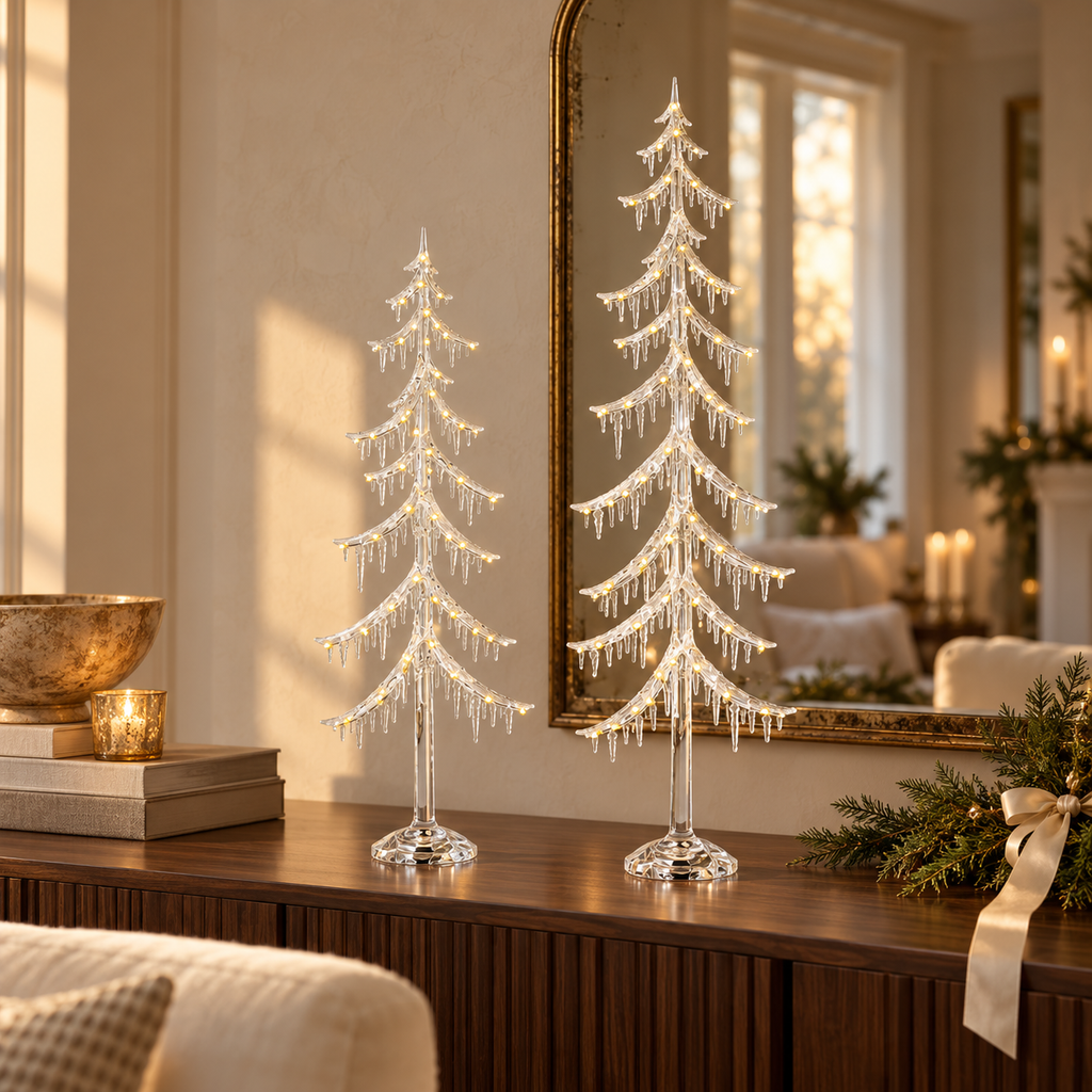Frosted Icicle Tree with LED Lights and Adapter, Set of 2