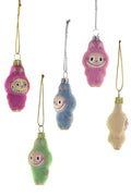 Set of colorful plush toy figures hanging from strings on a white background