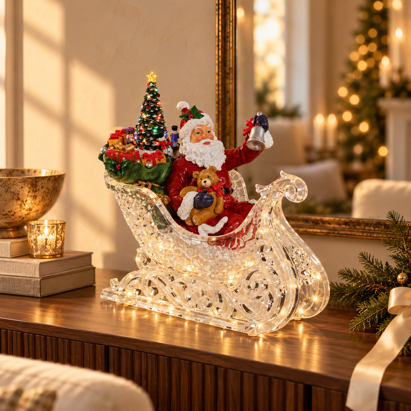 Lit Musical Acrylic/Resin Santa in Sleigh