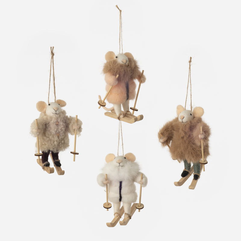 Skiing Mouse Felt Ornament, Set of 4 Assorted