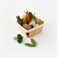 Felt Farmers Market Veggies w/ Crate Set featuring colorful felt vegetables in a wooden crate.