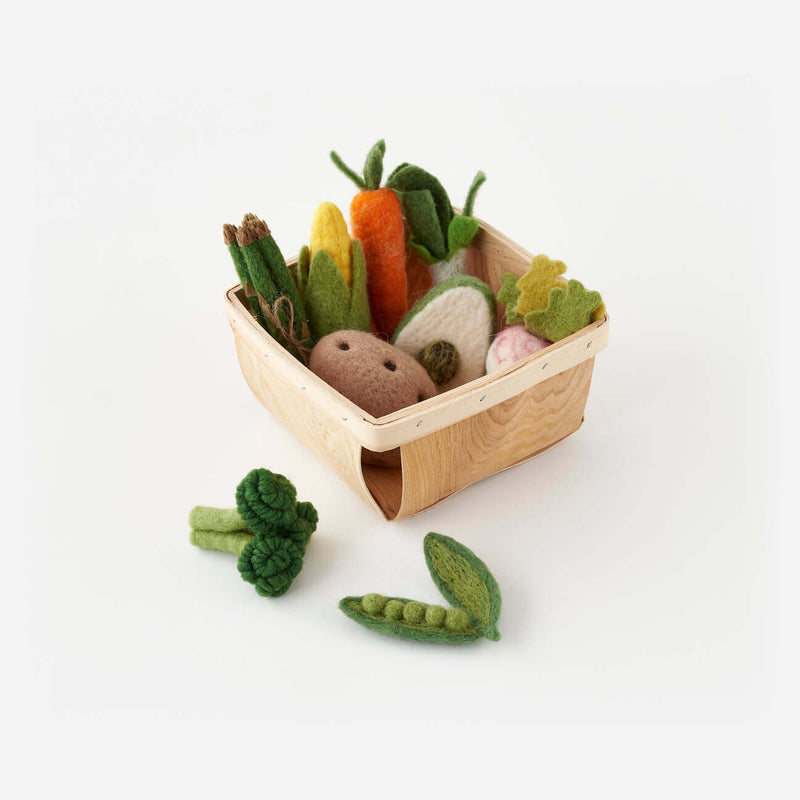 Felt Farmers Market Veggies w/ Crate Set featuring colorful felt vegetables in a wooden crate.