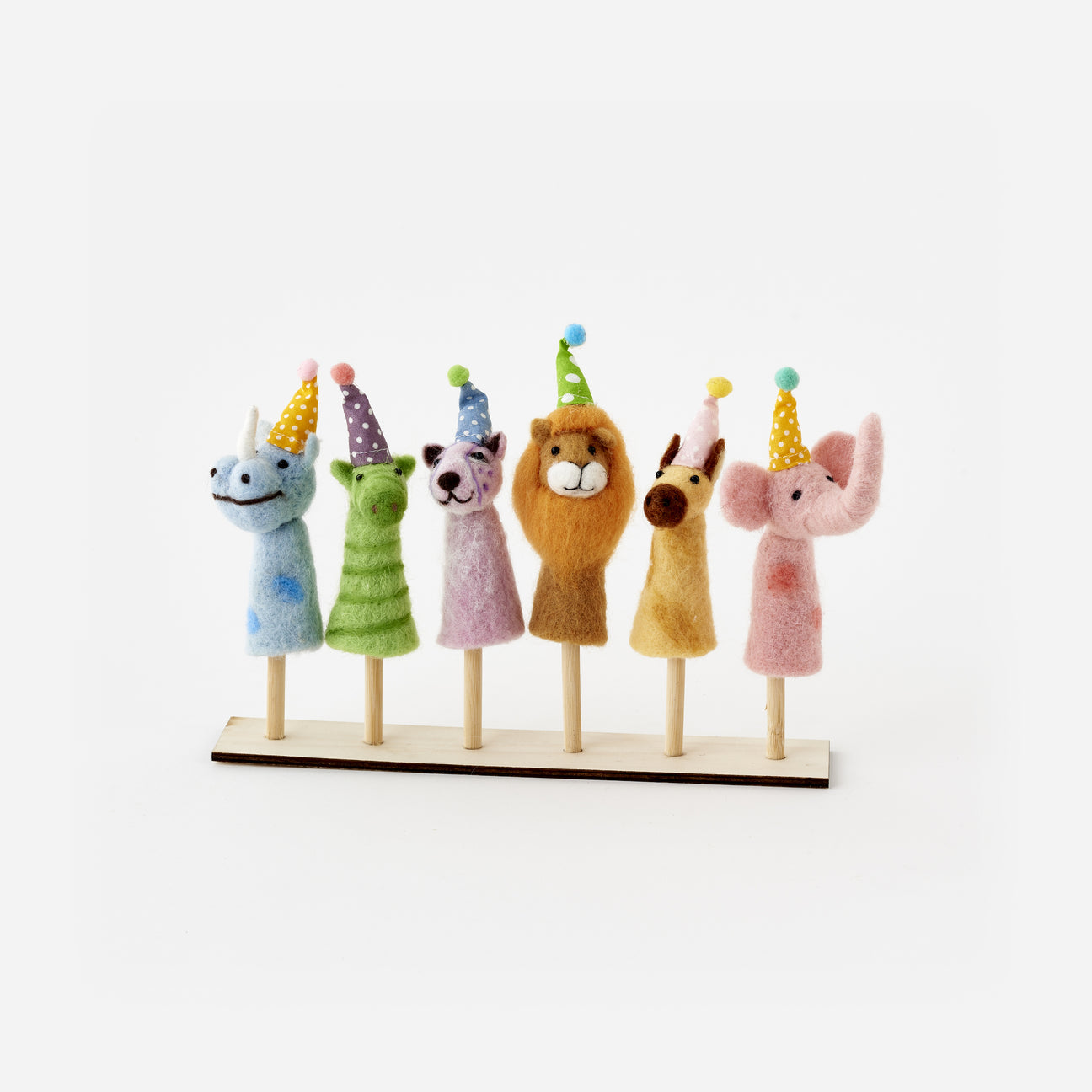 Party Animal Finger Puppet with Wood Display Stand, 6 Assorted