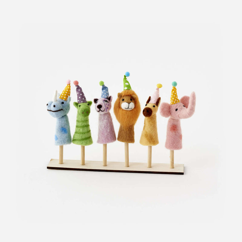 Party Animal Finger Puppet with Wood Display Stand, 6 Assorted - six colorful felted animal puppets in party hats.