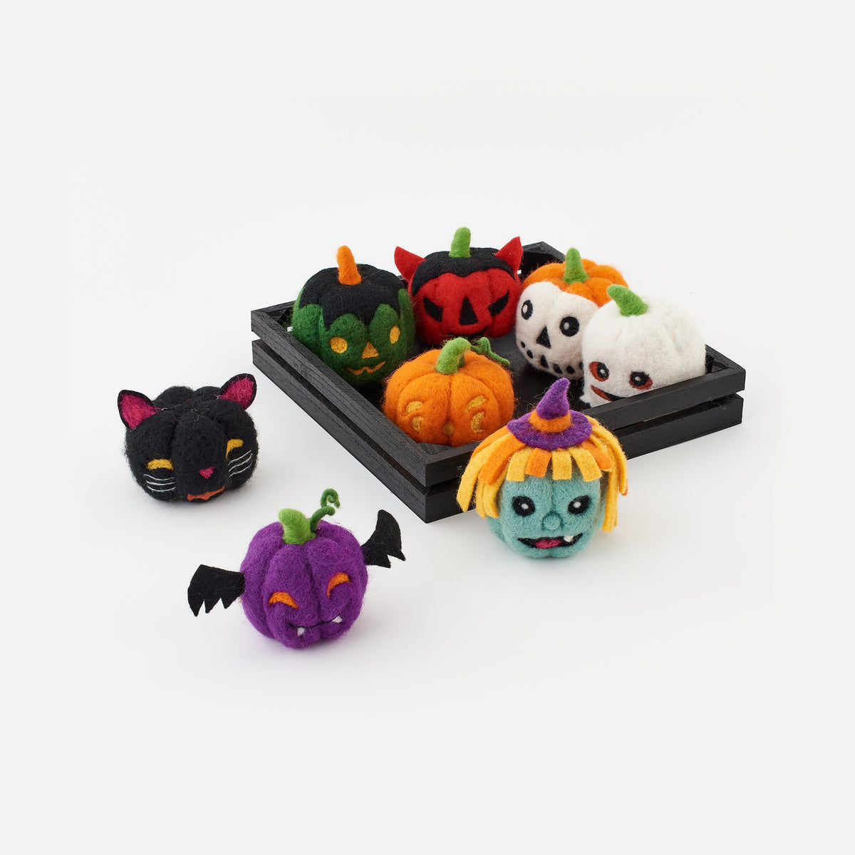 Pumpkin Head Characters with Wooden Crate, Set of 8 Assorted