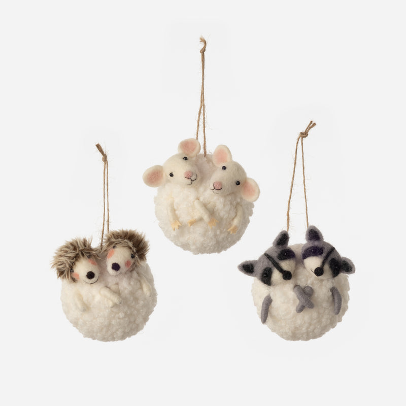 Snowball Animal Felt Ornament, Set of 3 Assorted