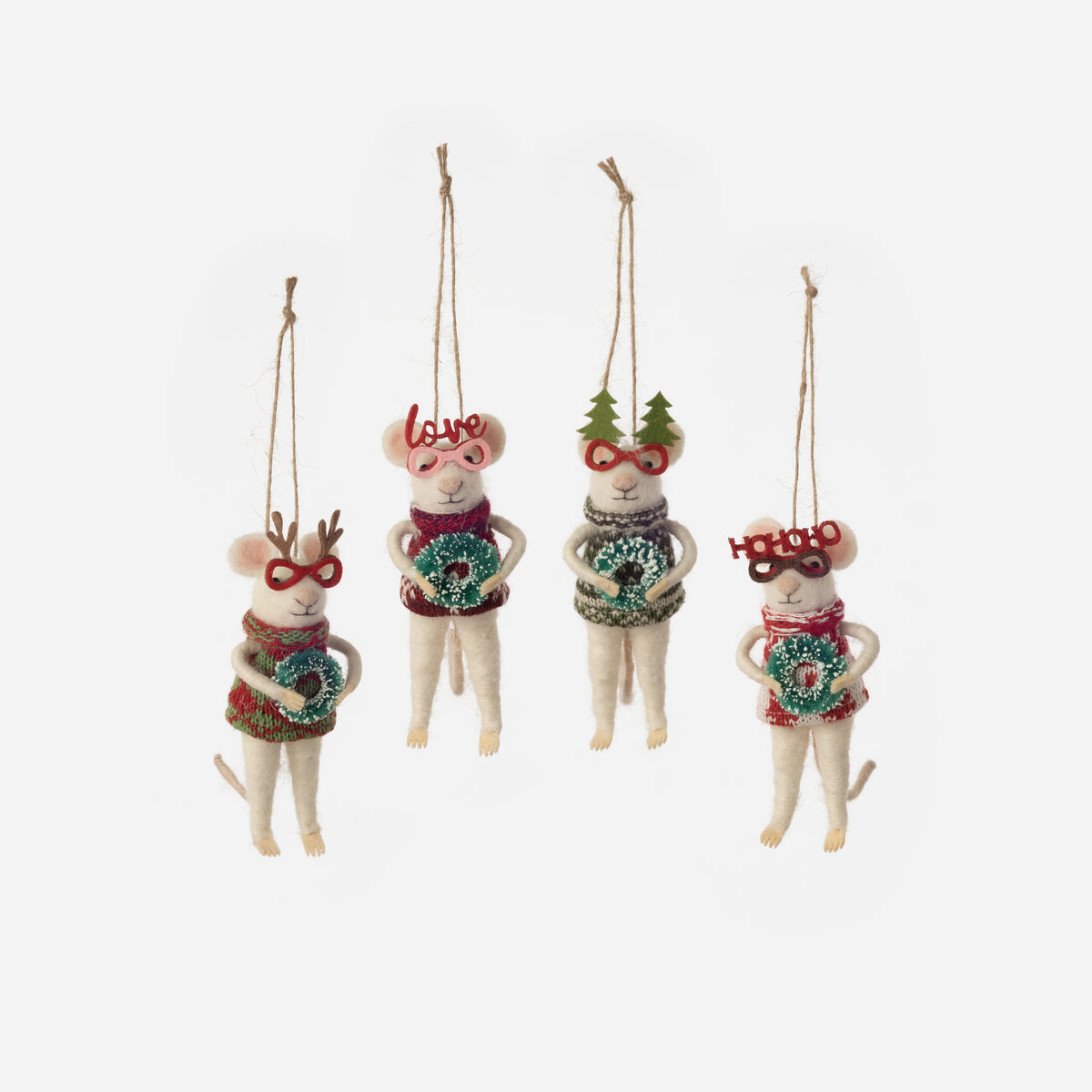 Felt Mouse Ornament, Set of 4 Assorted