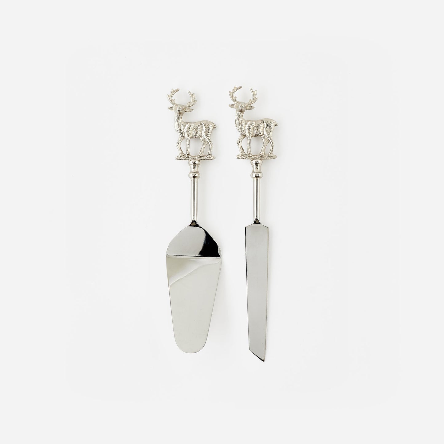 Silver cake server set with deer handles on a white background