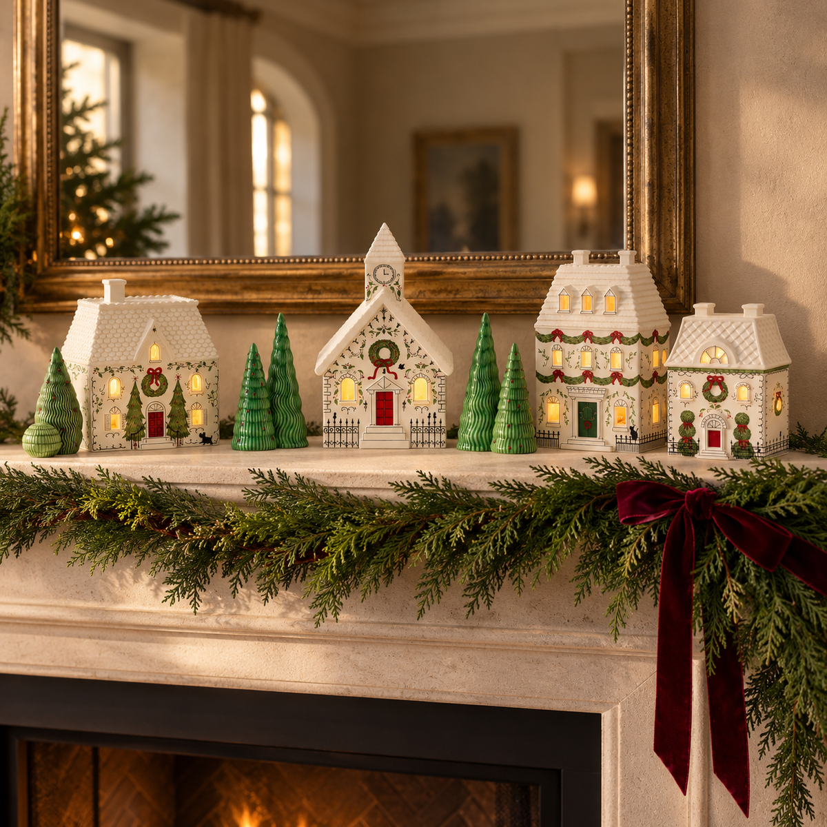 Lighted Houses with Trees, Set of 7