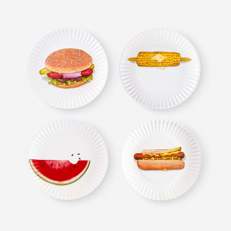Picnic "Paper" Plate - Set of 4 Assorted featuring cheeseburger, corn, watermelon, and hot dog illustrations.