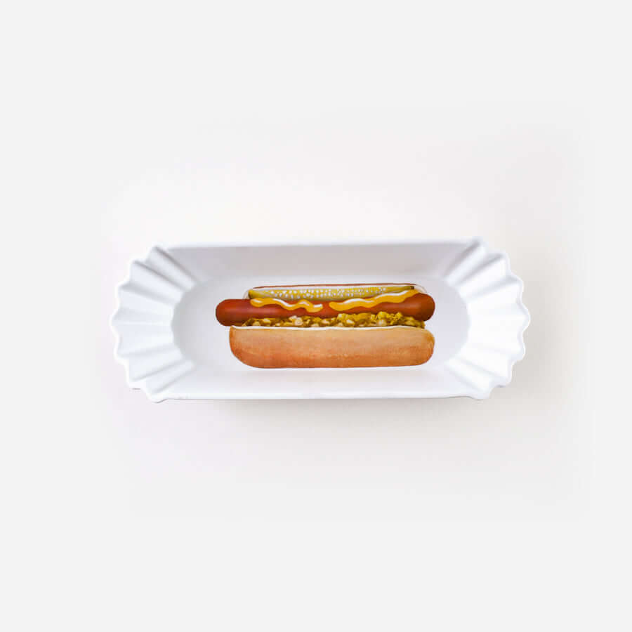 Picnic "Paper" Hot Dog Tray - Set of 8 featuring a printed hot dog with mustard and relish.