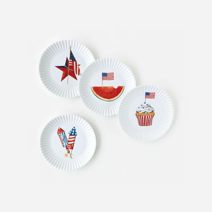 American Holiday "Paper" Plate - 4 Assorted featuring festive designs for the Fourth of July celebrations.