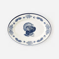Turkey "Enamel" Oval Platter featuring a detailed turkey design with oak leaves on a classic blue-and-white background.