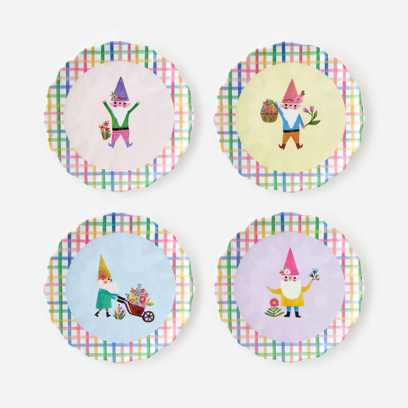 Set of four party plates featuring whimsical garden gnome illustrations.