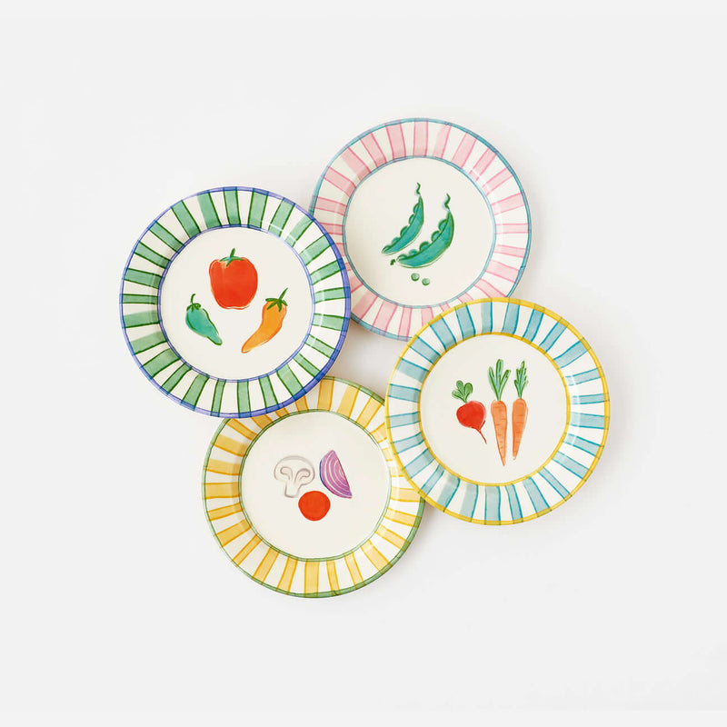Terrazzo "Enamel" Veggie Plate, Set of 4 Assorted featuring colorful vegetable designs on melamine plates.