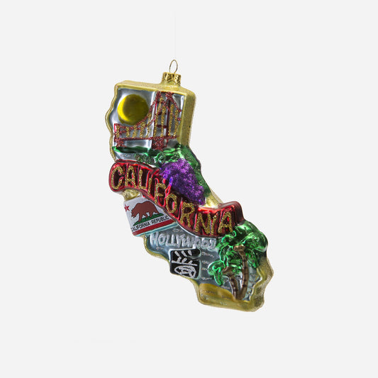 Decorative ornament shaped like the state of California with iconic symbols on a white background