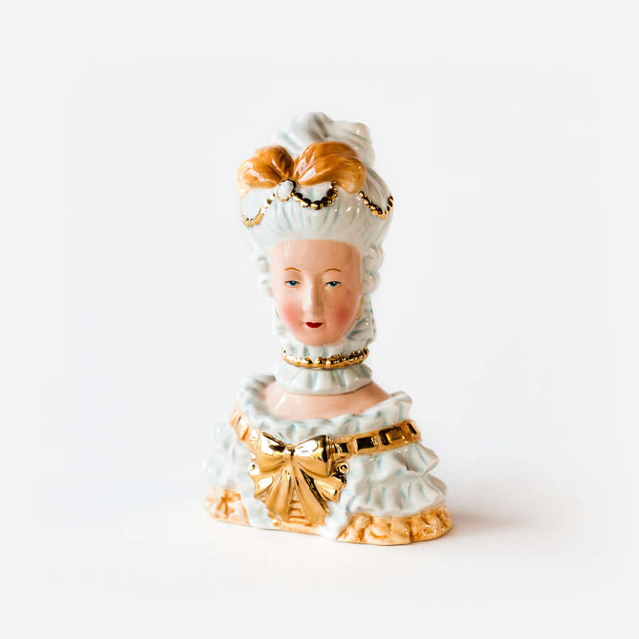 Marie Antoinette Salt & Pepper Shaker with Gift Box featuring hand-painted details in celadon and gold.