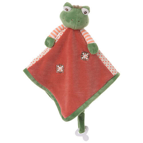 Prince Blankie plush frog head security blanket with warm terracotta body and polka dot trim.