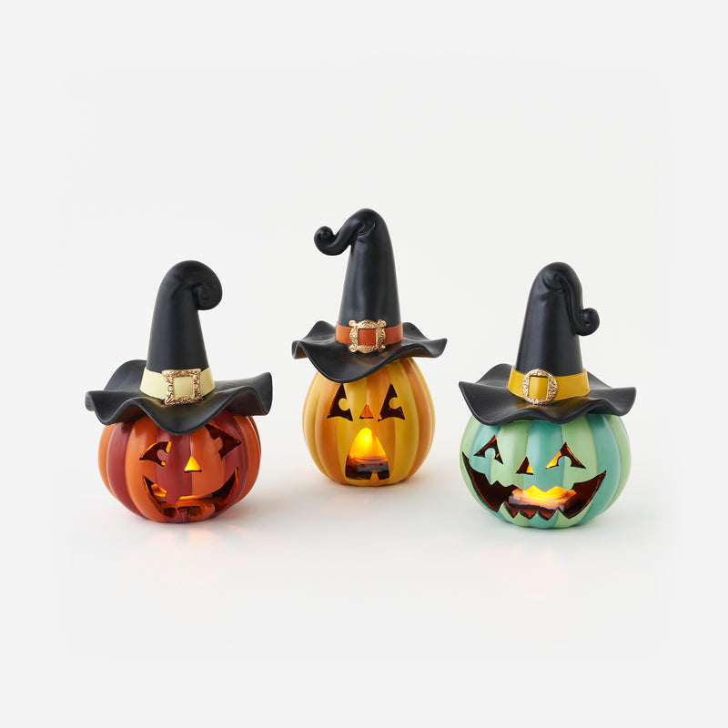 Lighted Jack-O-Lantern with Witch Hat, Set of 3 Assorted