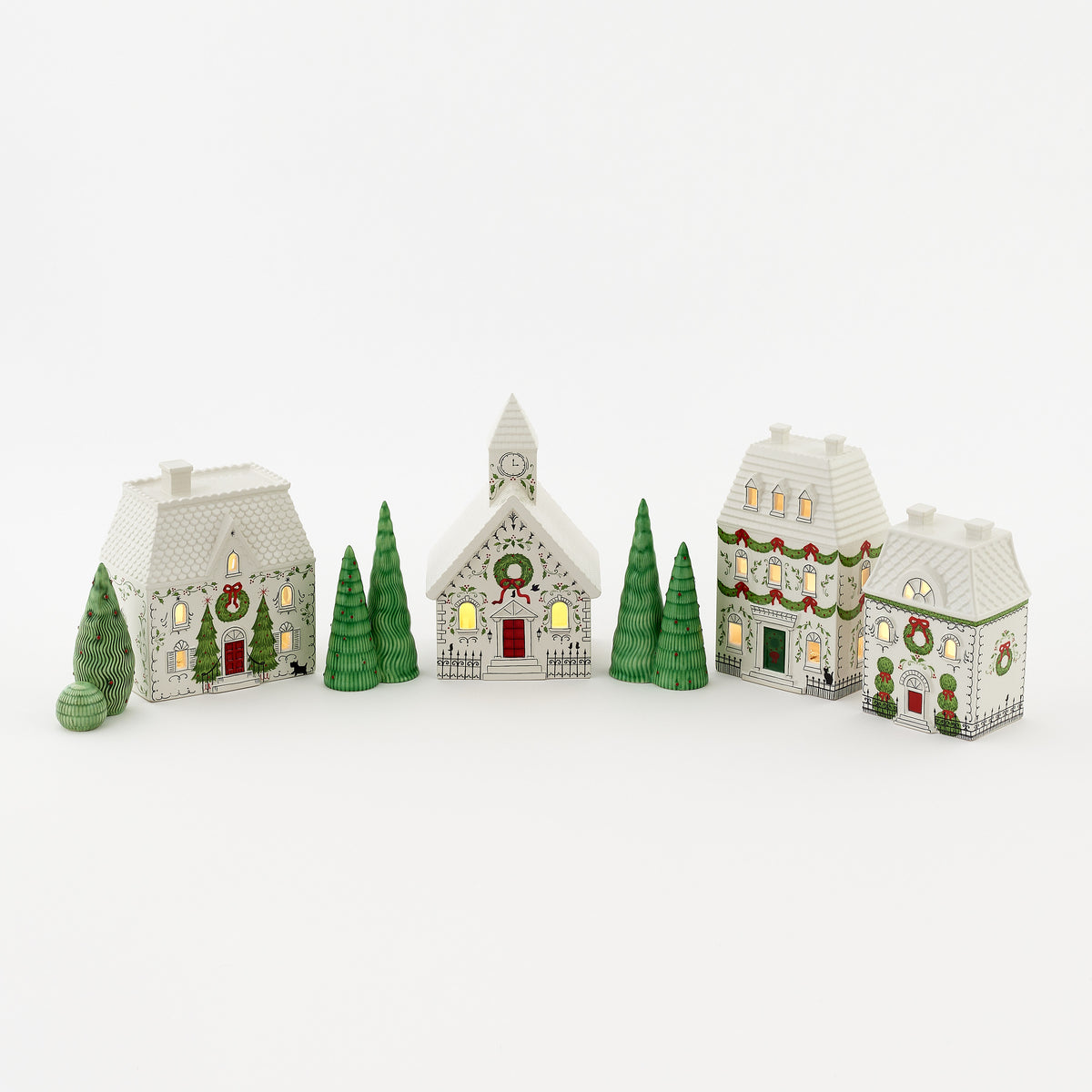 Lighted Houses with Trees, Set of 7