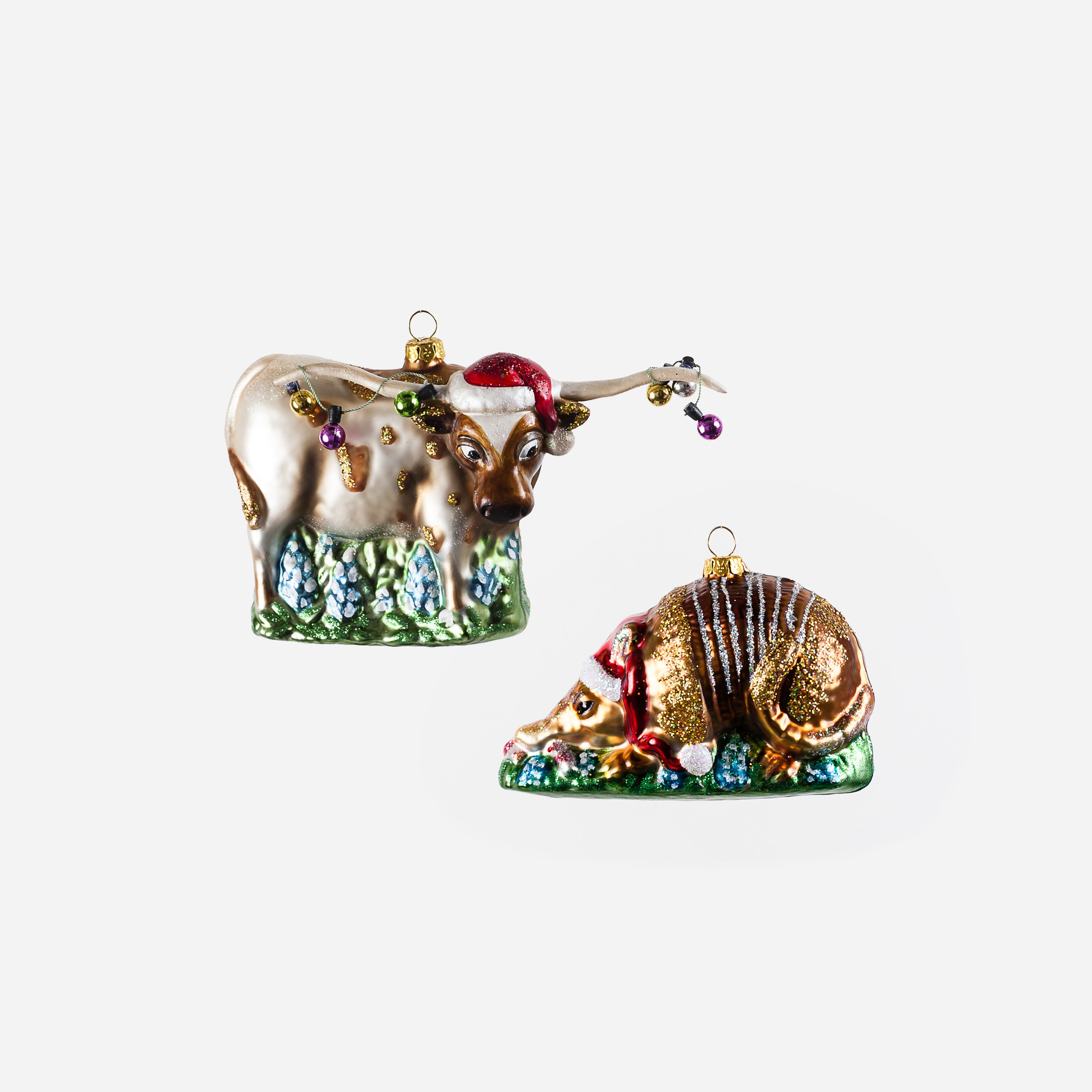Armadillo and Longhorn Glass Ornament, Set of 2 Assorted