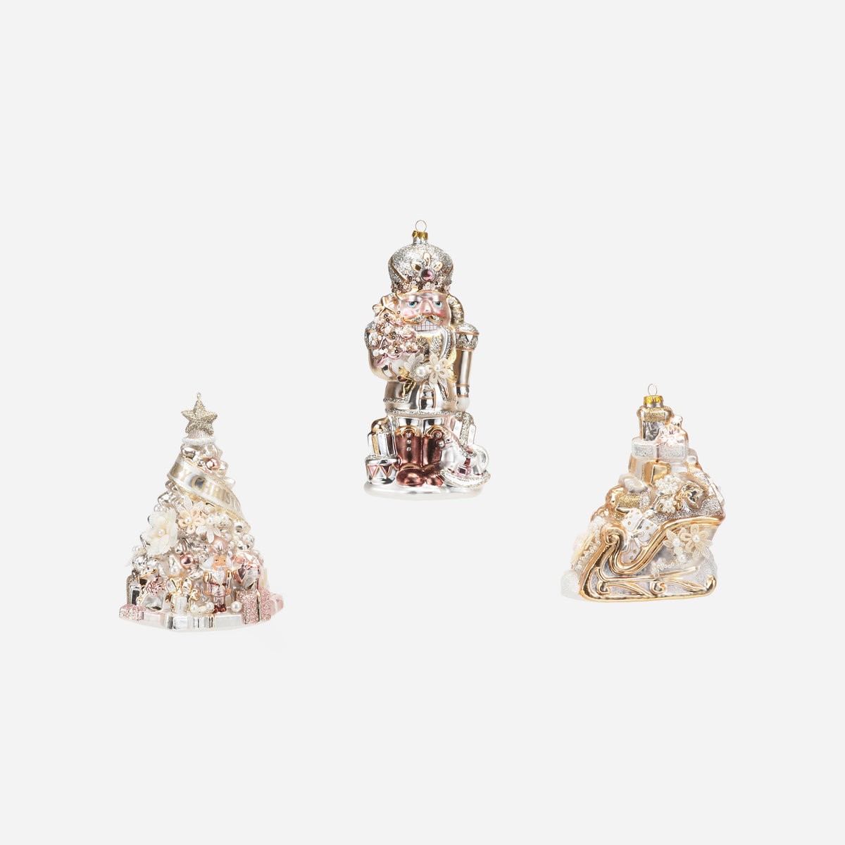 Nutcracker, Tree and Sleigh Ornament, Set of 3 Assorted - Neutral