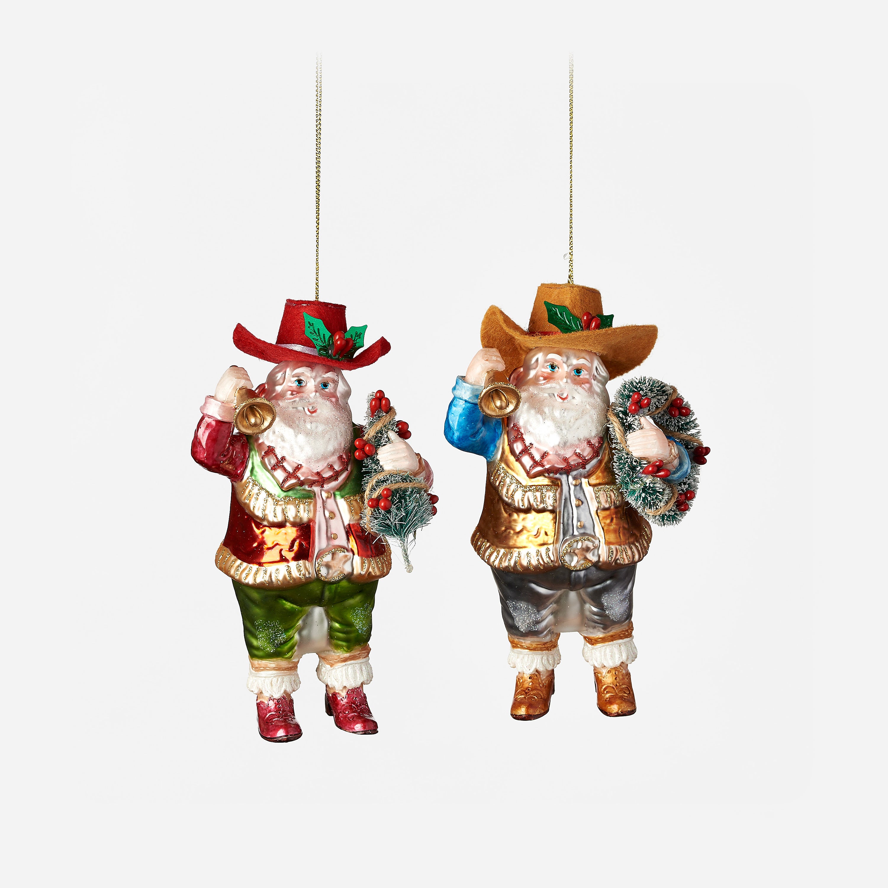 Cowboy Santa Glass Ornament, Set of 2 Assorted