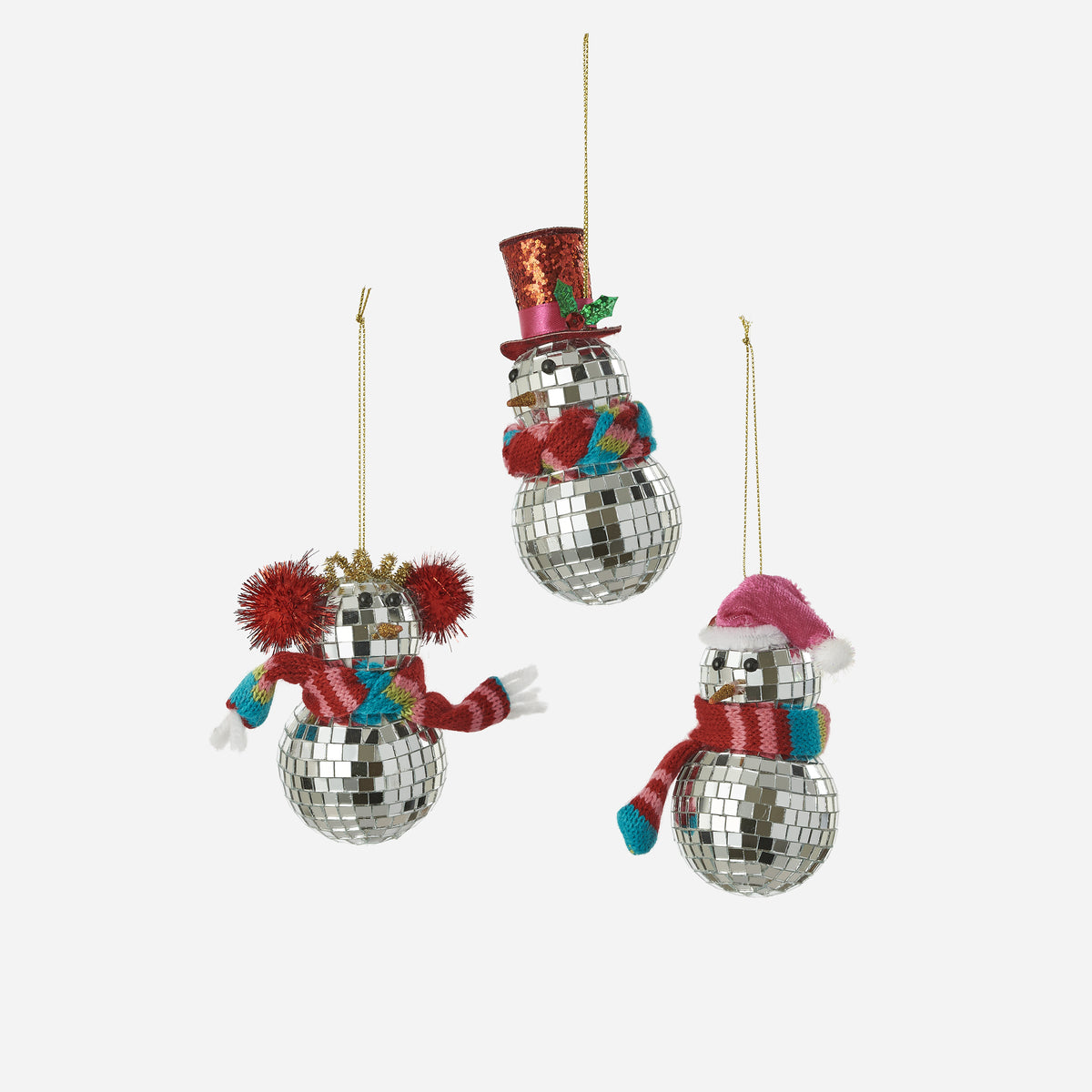 Mirrored Ball Snowman Ornament, Set of 6, 3 Assorted