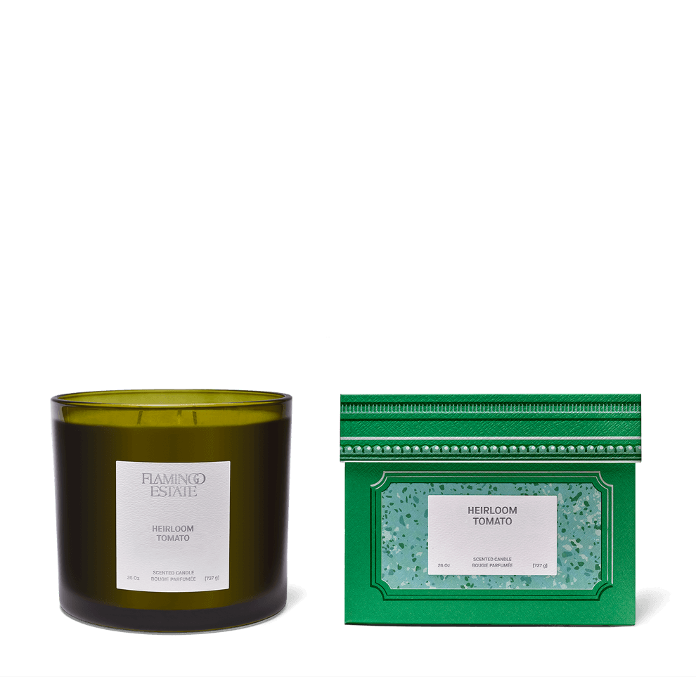 Heirloom Tomato Candle - 3-Wick in hand-blown glass vessel with green packaging.