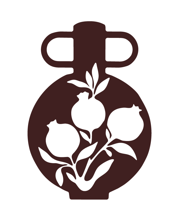 Illustration of a decorative vase featuring stylized pomegranates and leaves, ideal for art or design themes.