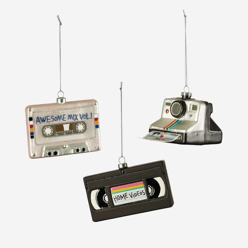 VCR, Mix Tape and Polaroid Ornament, Set of 3 Assorted Designs