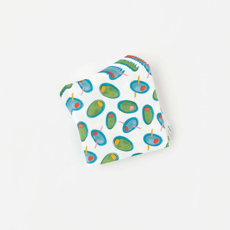 Paper Cocktail Napkins - Olive, Set of 8 featuring colorful martini olives on white paper.