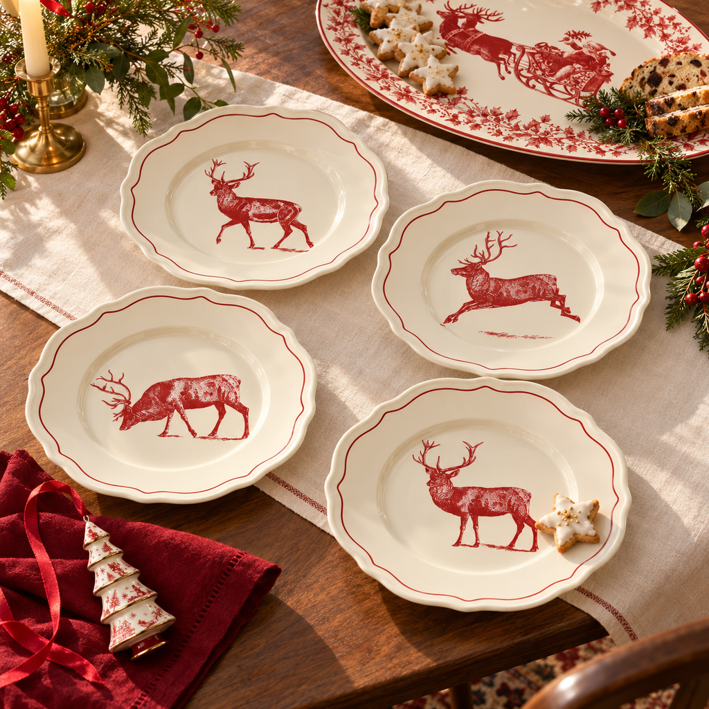 Four scalloped ceramic plates with red deer illustrations and red border detailing, arranged on a table runner with holiday decorations and cookies.