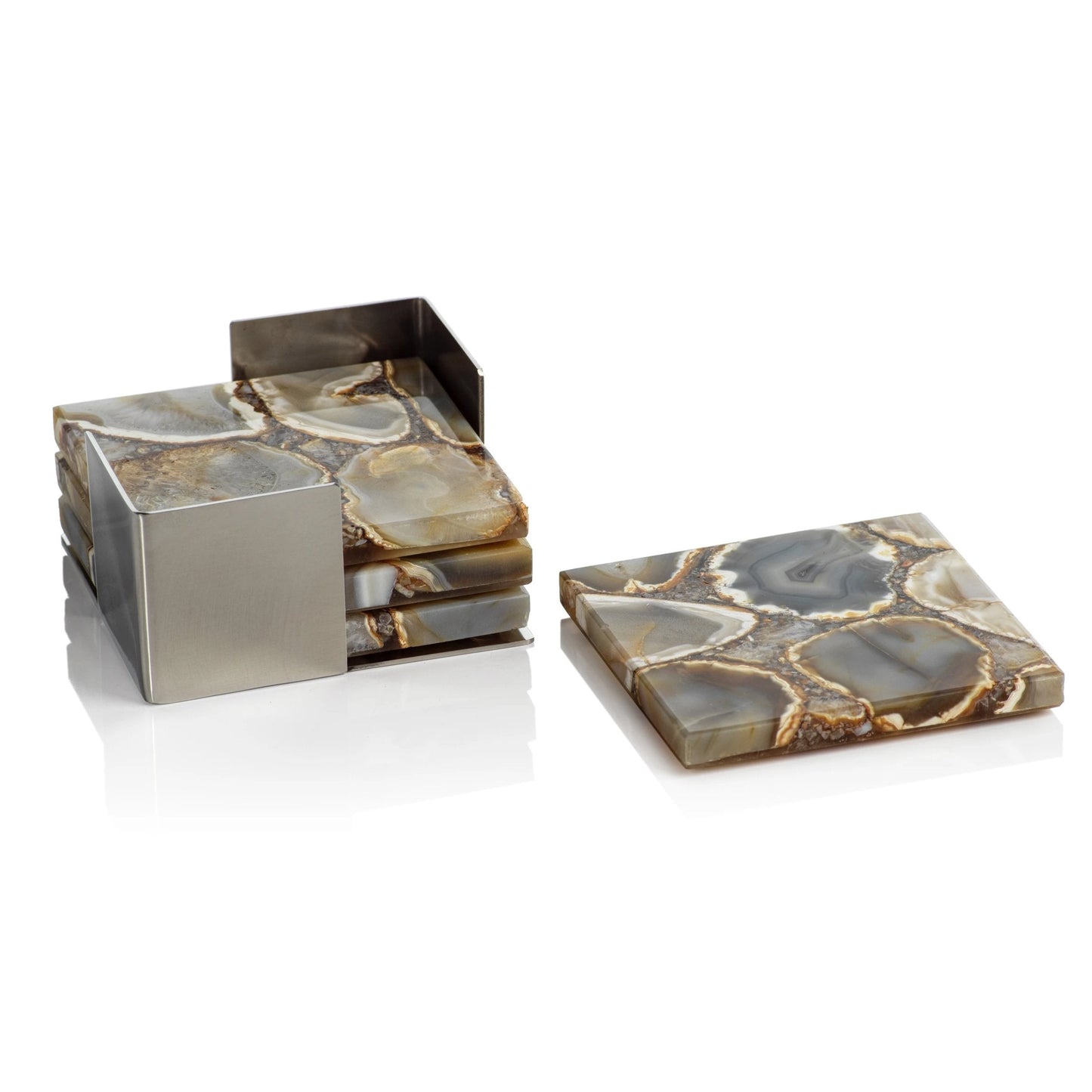 Four Crete Agate Coasters on Metal Tray - Taupe/Brown - Coasters by Carlyle Avenue