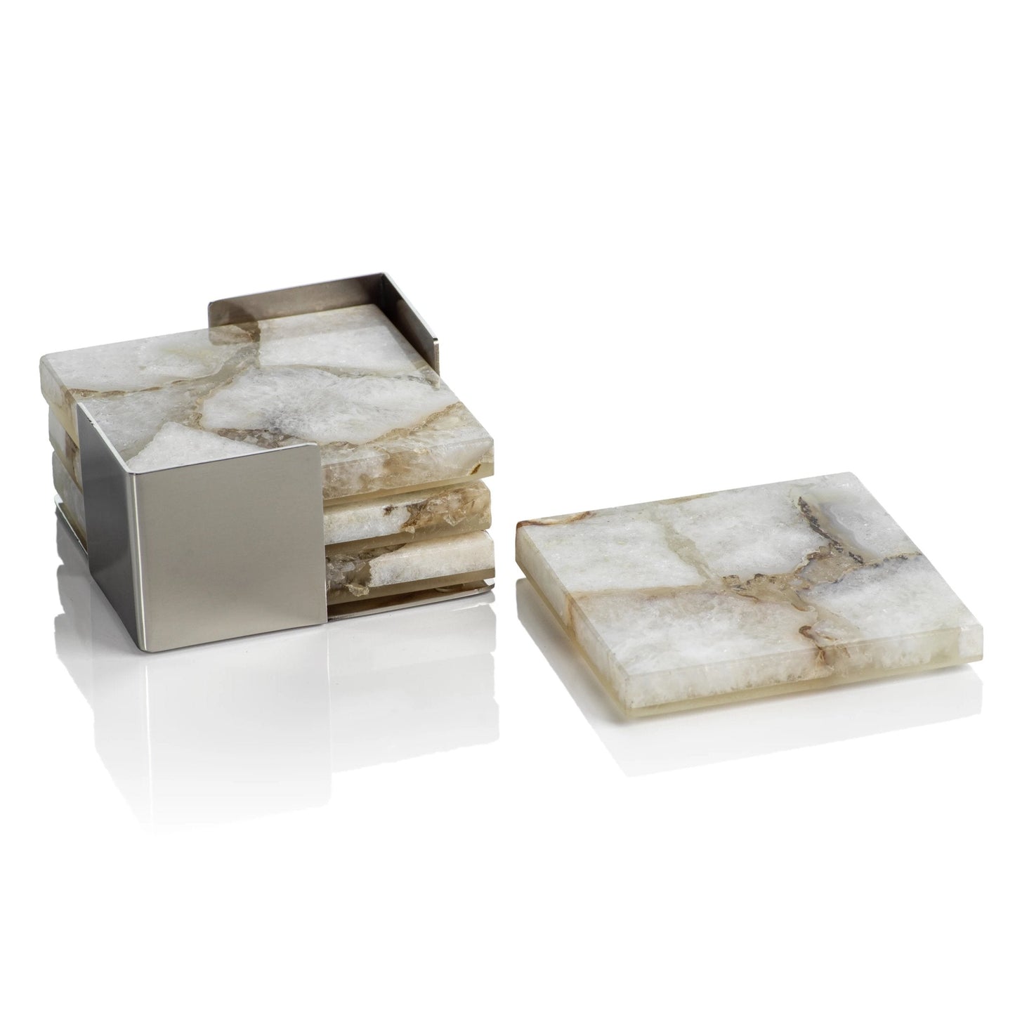 Four Crete Agate Coasters on Metal Tray - Taupe/White - Coasters by Carlyle Avenue