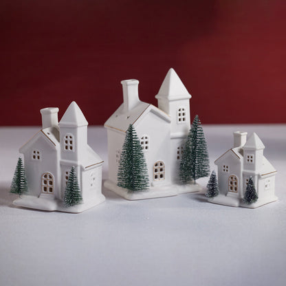 Alpina LED Porcelain House with Trees - Matte White with Green Trees - Christmas Decor by Carlyle Avenue