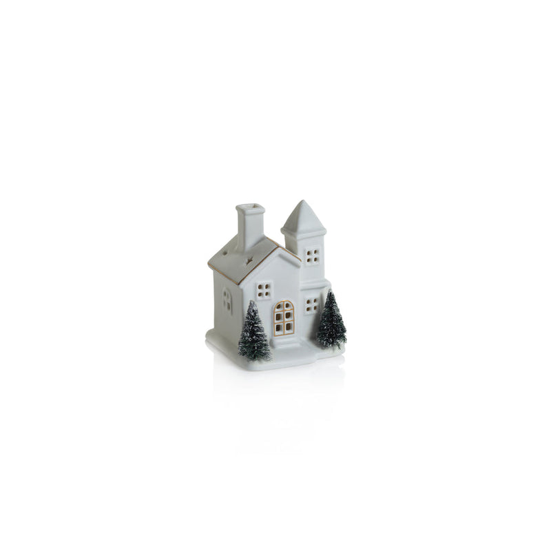 Alpina LED Porcelain House with Trees - Matte White with Green Trees - Christmas Decor by Carlyle Avenue