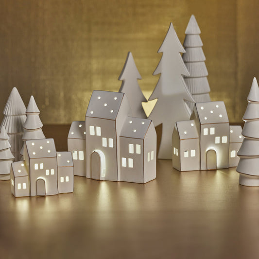 Zermatt LED Porcelain House - Matte White with Gold Trim