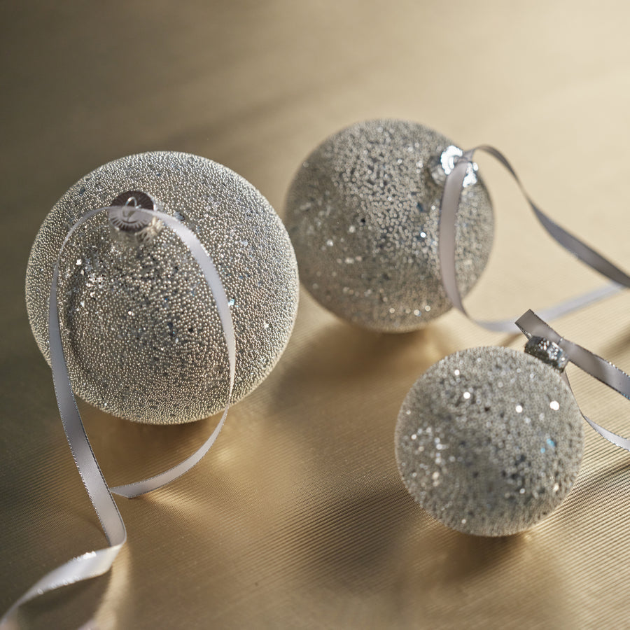 Beaded Glass Ball Ornament - Silver