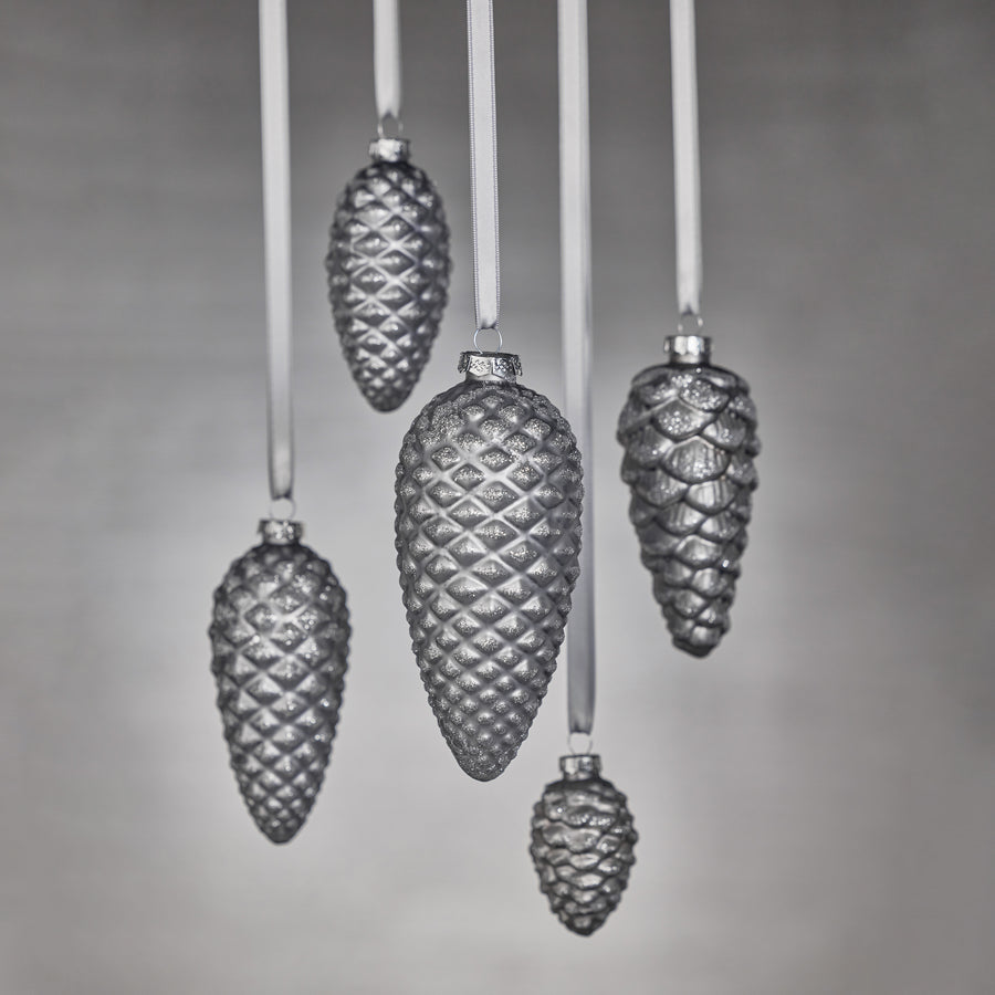 Glass Pine Cone Ornament - Silver