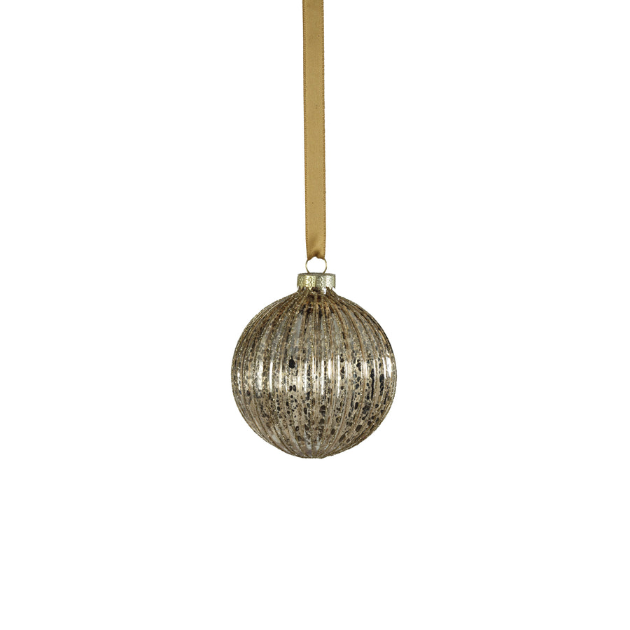 Antique Ribbed with Glitter Glass Ball Ornament - Gold