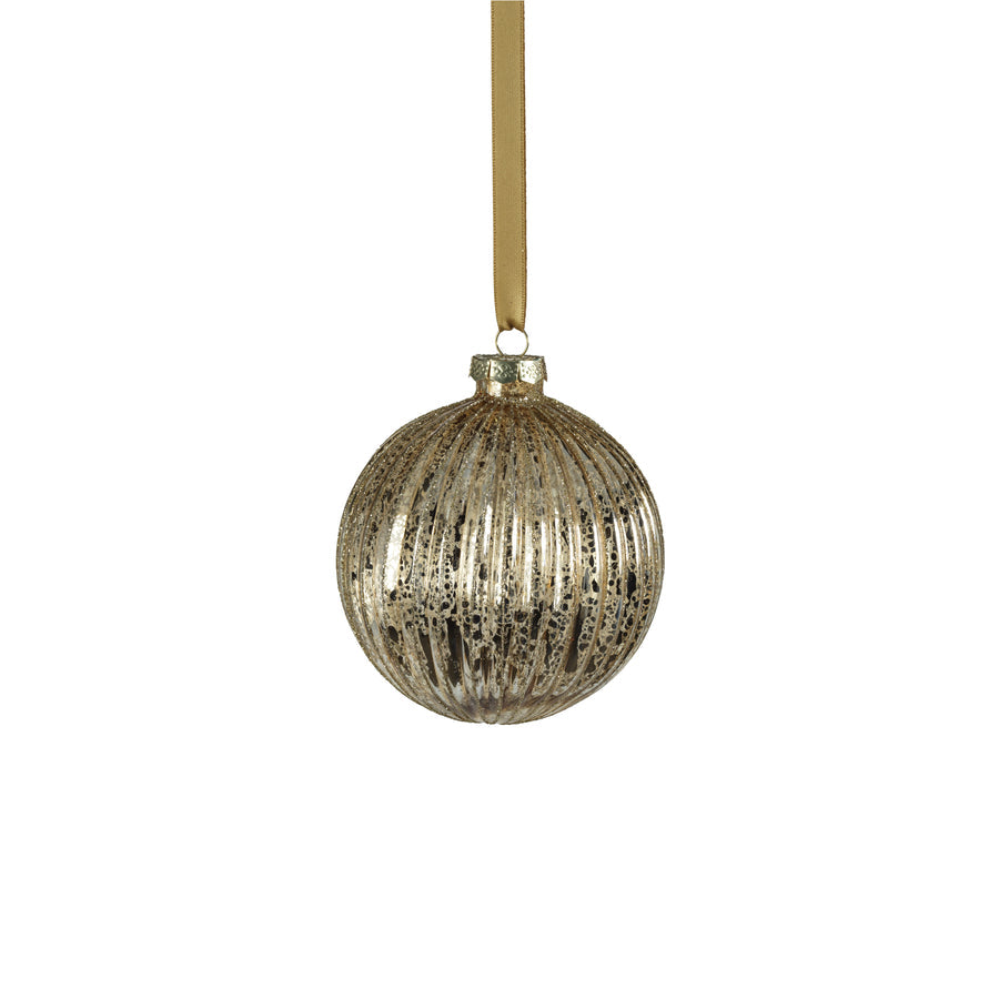 Antique Ribbed with Glitter Glass Ball Ornament - Gold