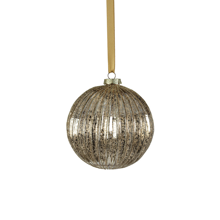 Antique Ribbed with Glitter Glass Ball Ornament - Gold