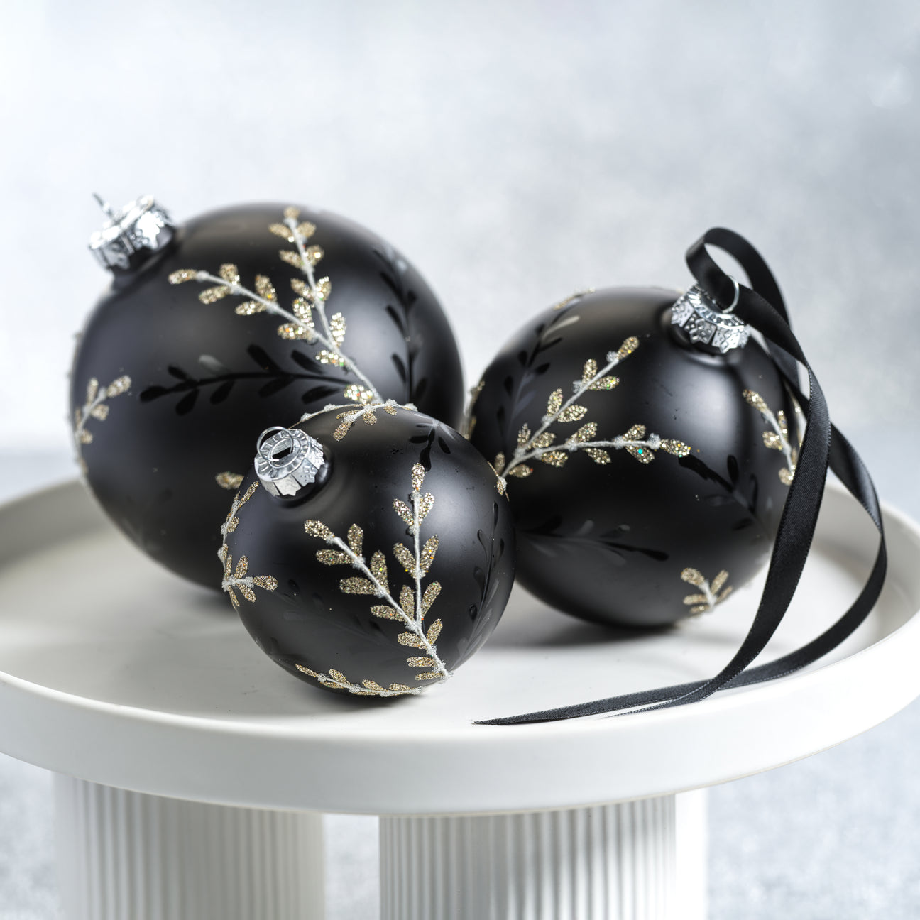 Black Glass Ball Ornament with Leaf Pattern - Black and Silver