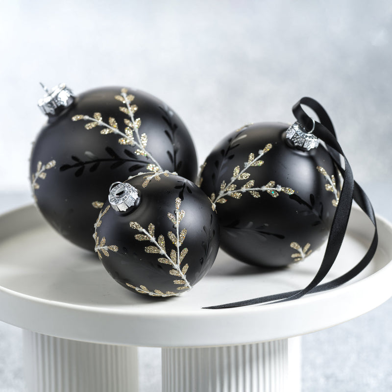 Black Glass Ball Ornament with Leaf Pattern - Black and Silver - Holiday Ornaments by Carlyle Avenue