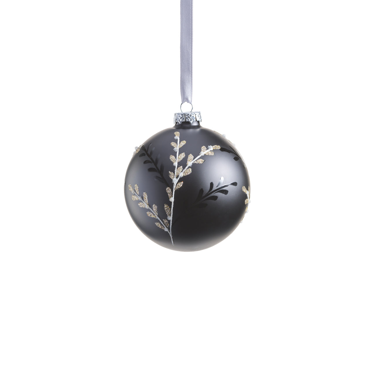 Black Glass Ball Ornament with Leaf Pattern - Black and Silver