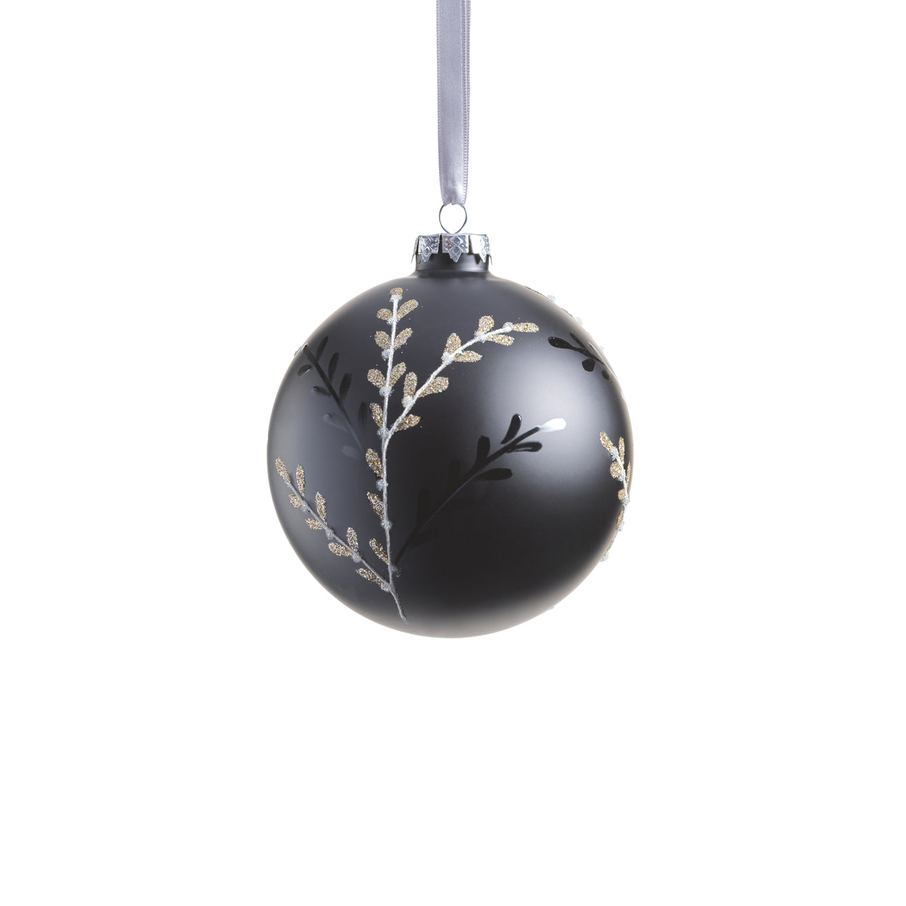 Black Glass Ball Ornament with Leaf Pattern - Black and Silver