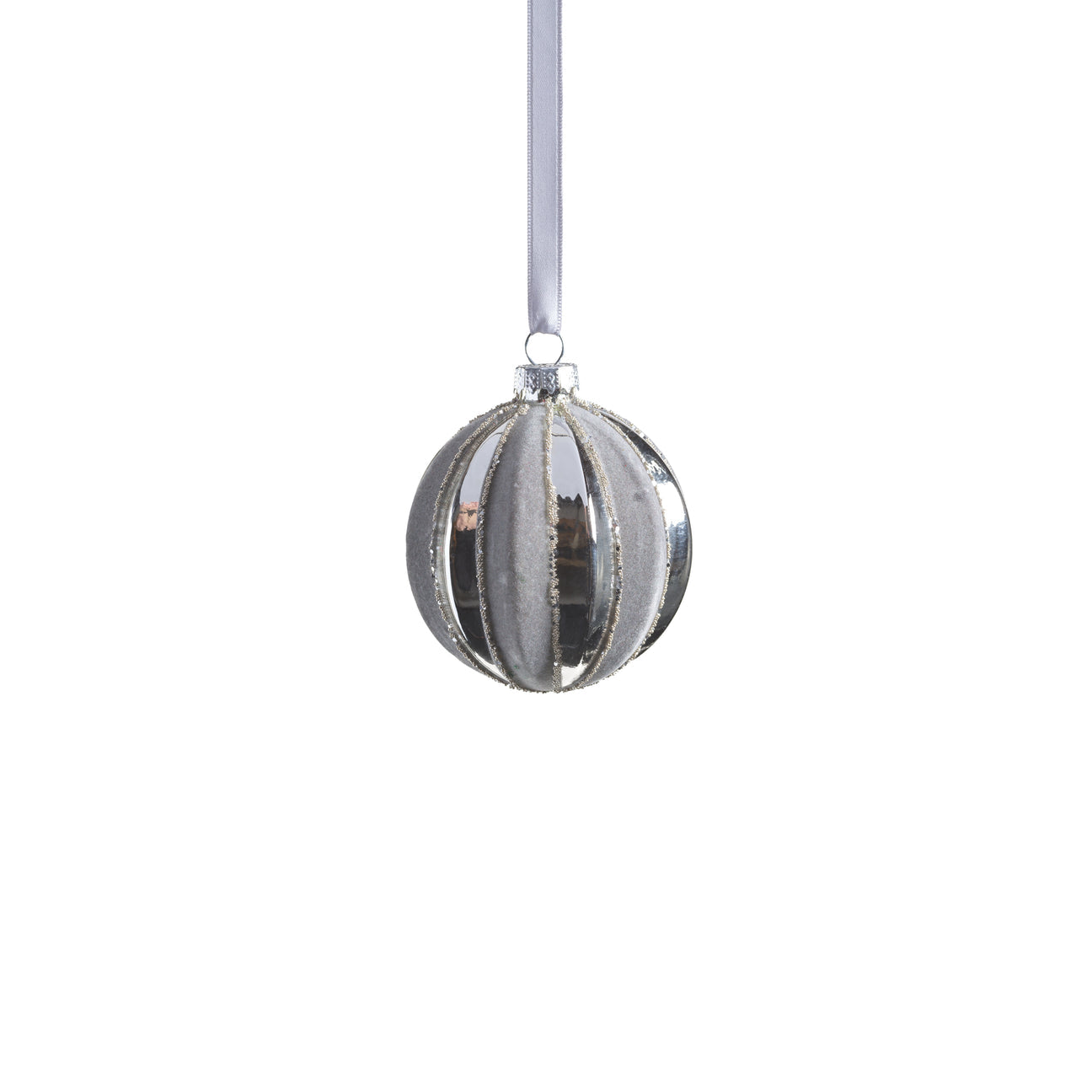 Shiny Silver Glass Ornament with Gray Flock Pattern