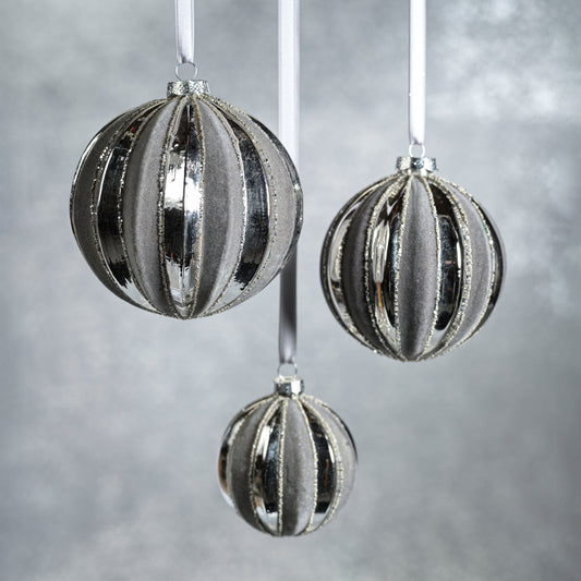 Shiny Silver Glass Ornament with Gray Flock Pattern