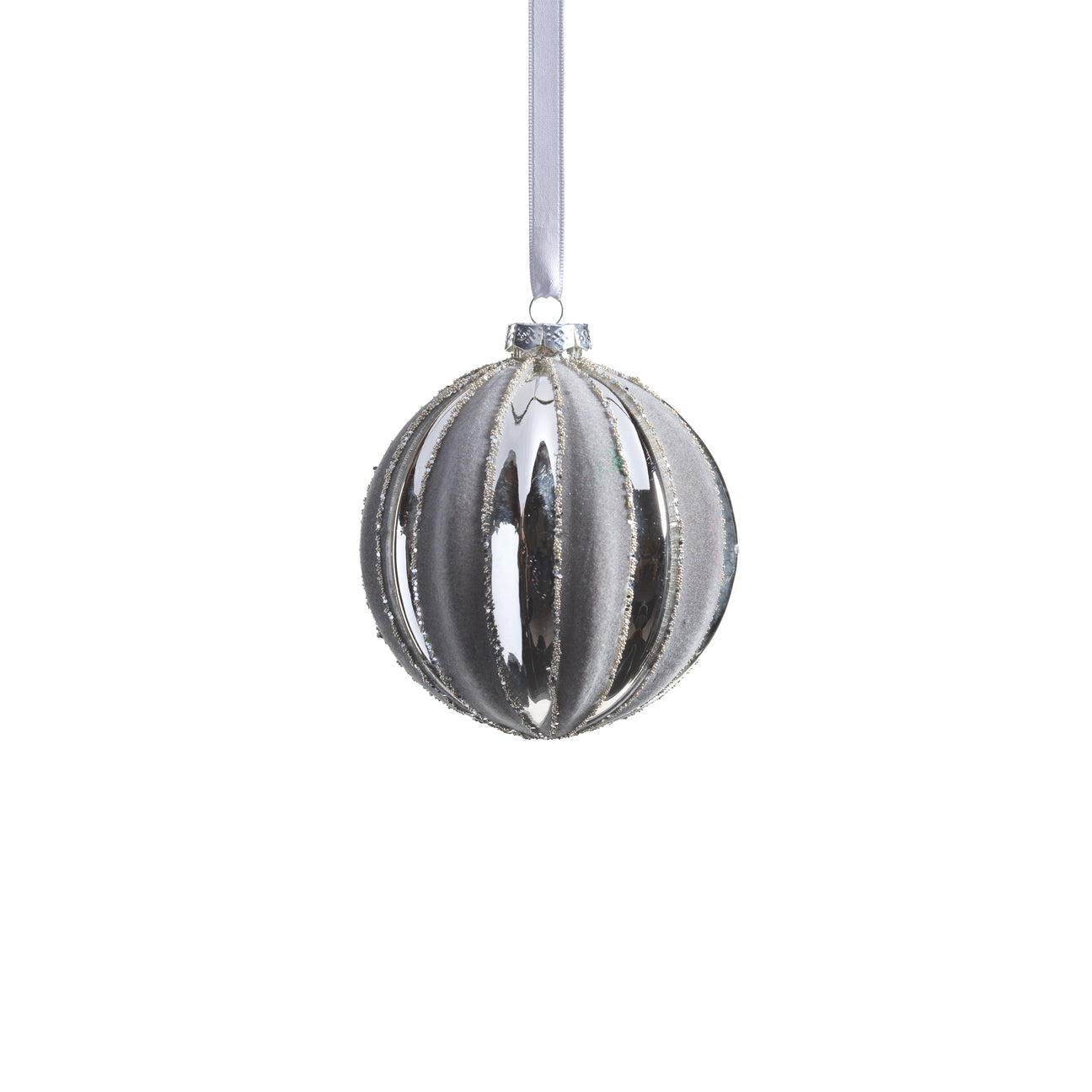 Shiny Silver Glass Ornament with Gray Flock Pattern